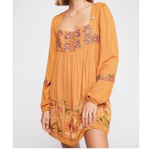 Free People Rhiannon Embroidered Babydoll Style Mustard Boho Mini Dress